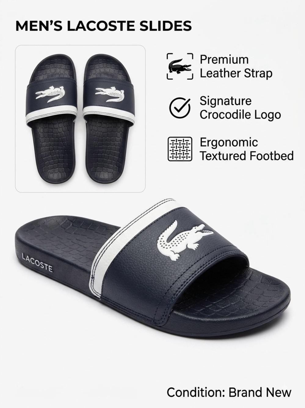 Lacoste Navy and White Crocodile Slide Sandals for Men